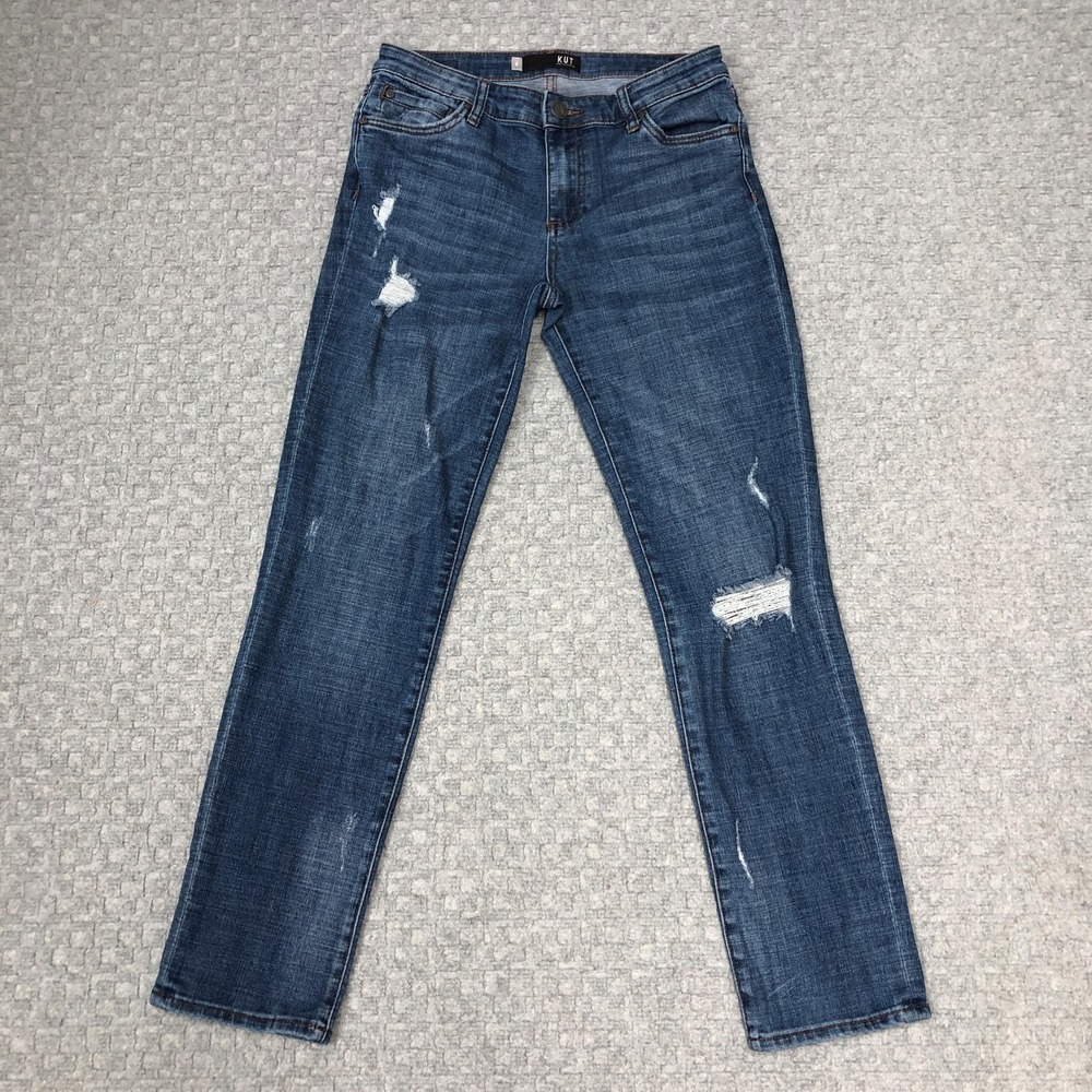 KUT From The Kloth Jeans Womens 4 Blue Catherine Boyfriend Distressed Stretch